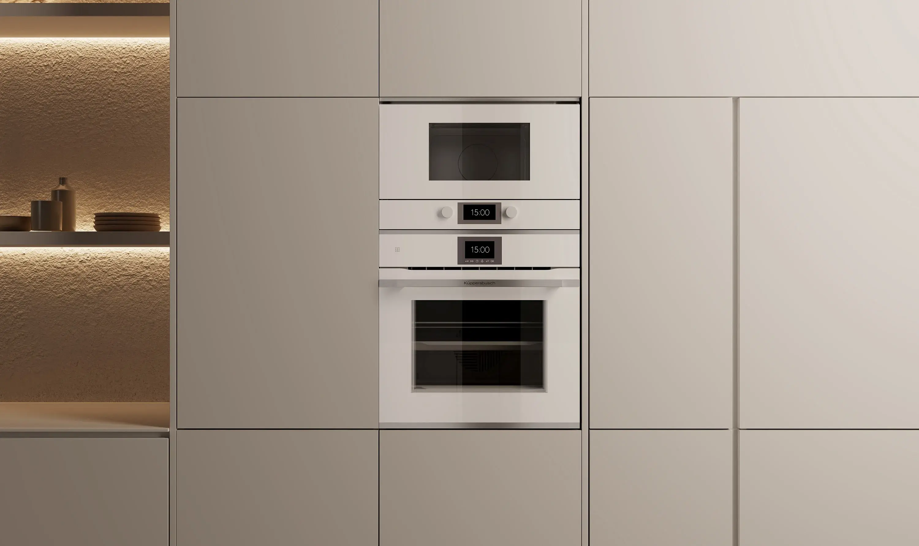 Küppersbusch Individual weißer Einbau-Kaffeevollautomat und Backofen mattweiße Küchenfronten grifflos